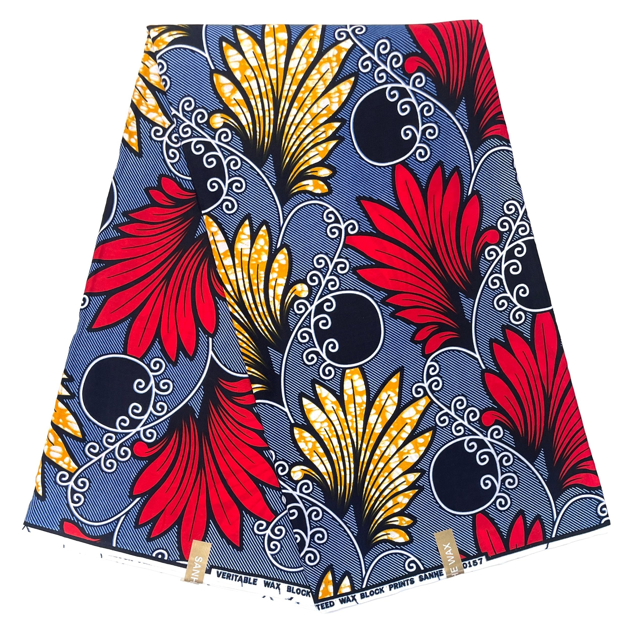 Wax Pagne Africain - Tissu 100% Coton - BLEU / ROUGE/ JAUNE