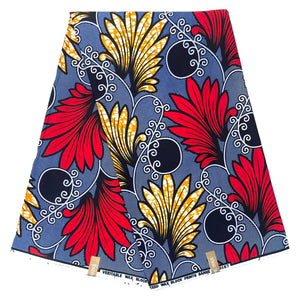 Wax Pagne Africain - Tissu 100% Coton - BLEU / ROUGE/ JAUNE