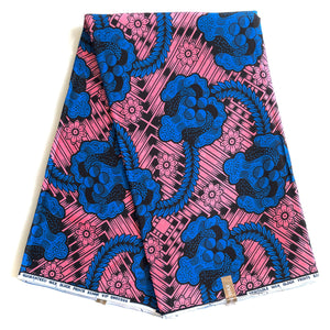 Wax Pagne Africain - Tissu 100% Coton - ROSE / BLEU