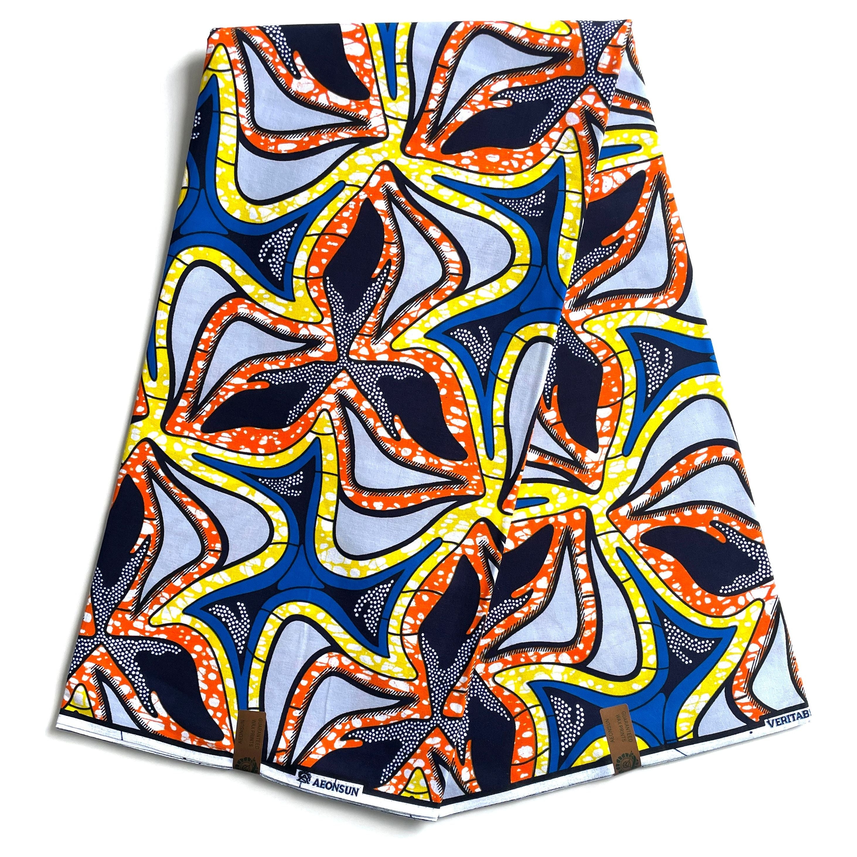 Wax Pagne Africain - Tissu 6 Yards 100% Coton - BLEU / ORANGE / JAUNE