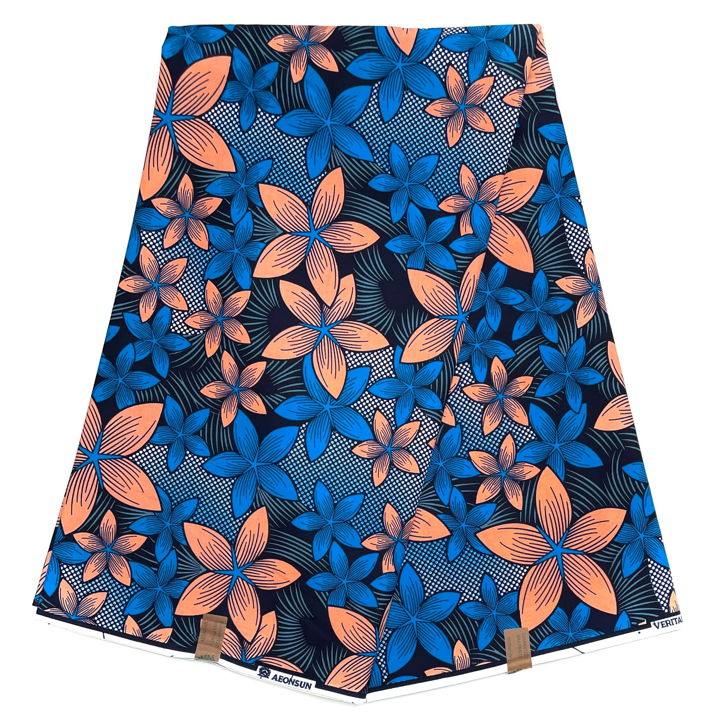 Wax Pagne Africain - Tissu 6 Yards 100% Coton - SAUMON / BLEU