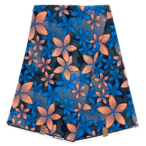 Wax Pagne Africain - Tissu 6 Yards 100% Coton - SAUMON / BLEU