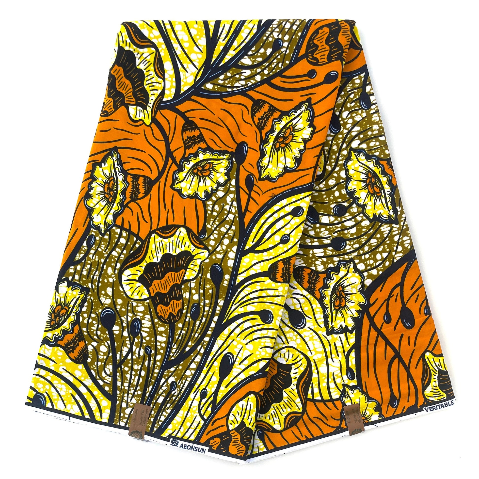 Wax Pagne Africain - Tissu Floral Fleurs Trompettes Orange &amp; Jaune