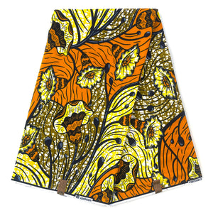 Wax Pagne Africain - Tissu Floral Fleurs Trompettes Orange &amp; Jaune