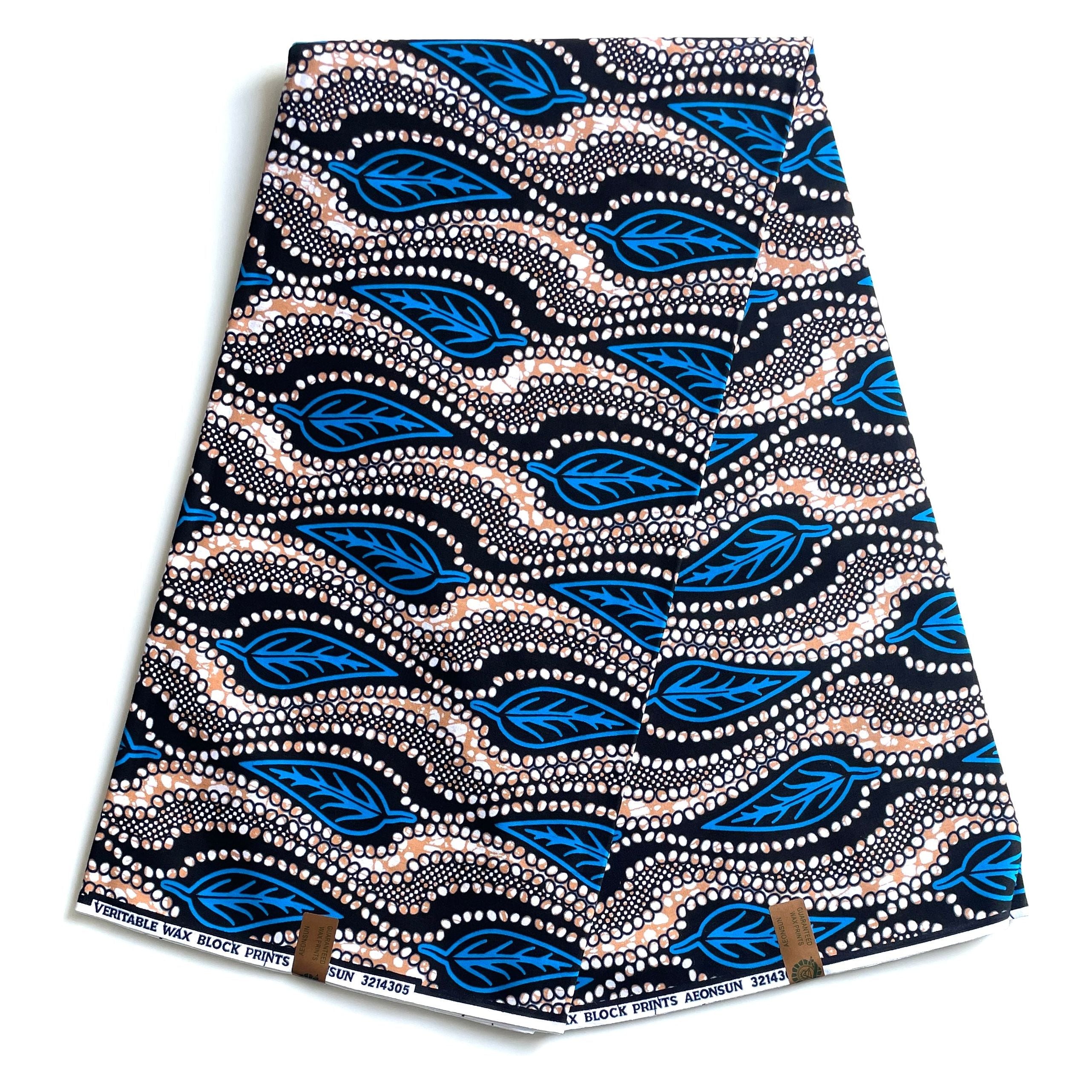 Wax Pagne Africain motifs feuilles - Tissu 6 Yards 100% Coton - BLEU / BEIGE/ NOIR