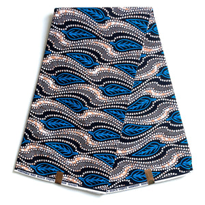 Wax Pagne Africain motifs feuilles - Tissu 6 Yards 100% Coton - BLEU / BEIGE/ NOIR