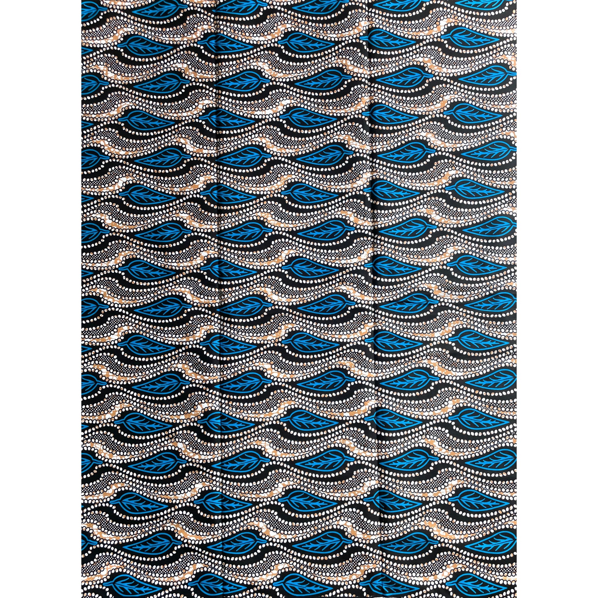 Wax Pagne Africain motifs feuilles  BLEU / BEIGE/ NOIR