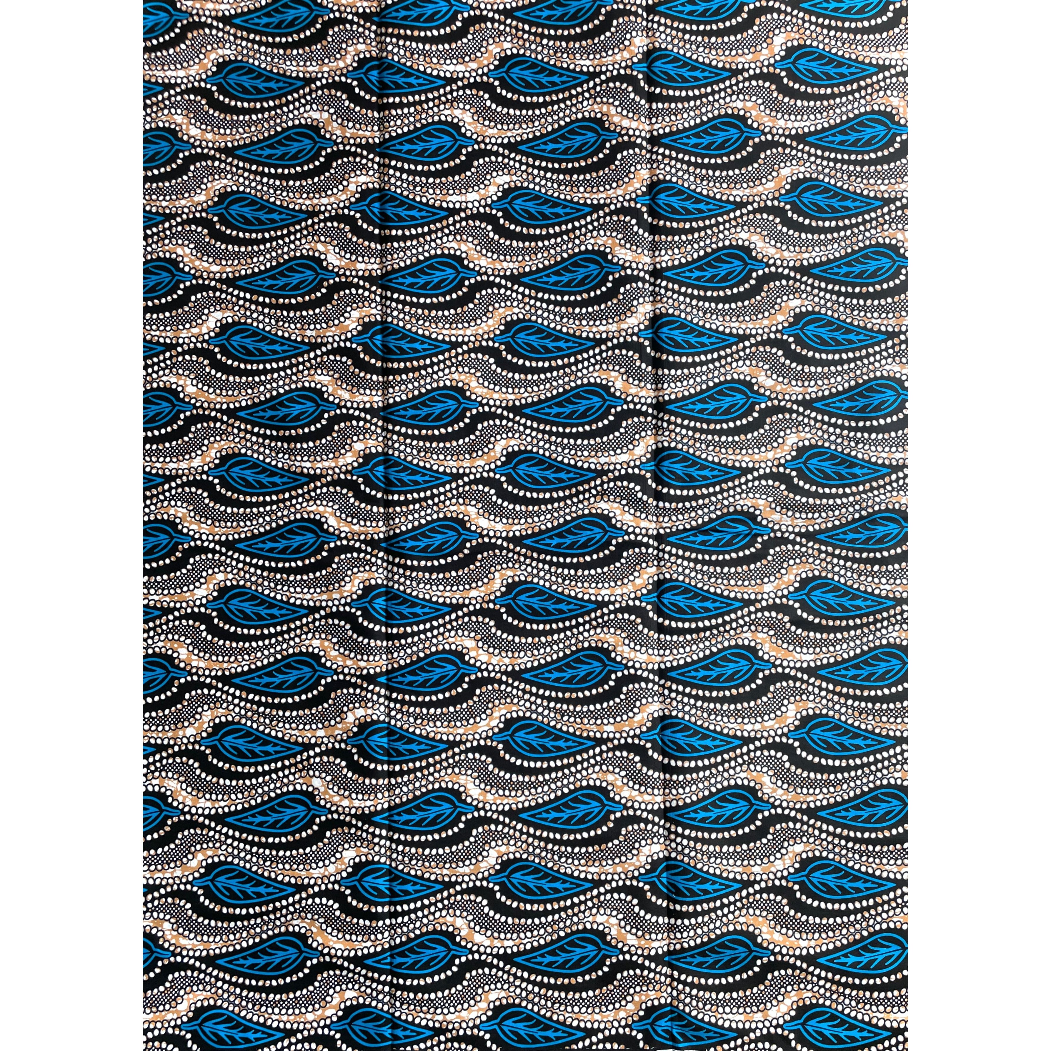 Wax Pagne Africain motifs feuilles  BLEU / BEIGE/ NOIR