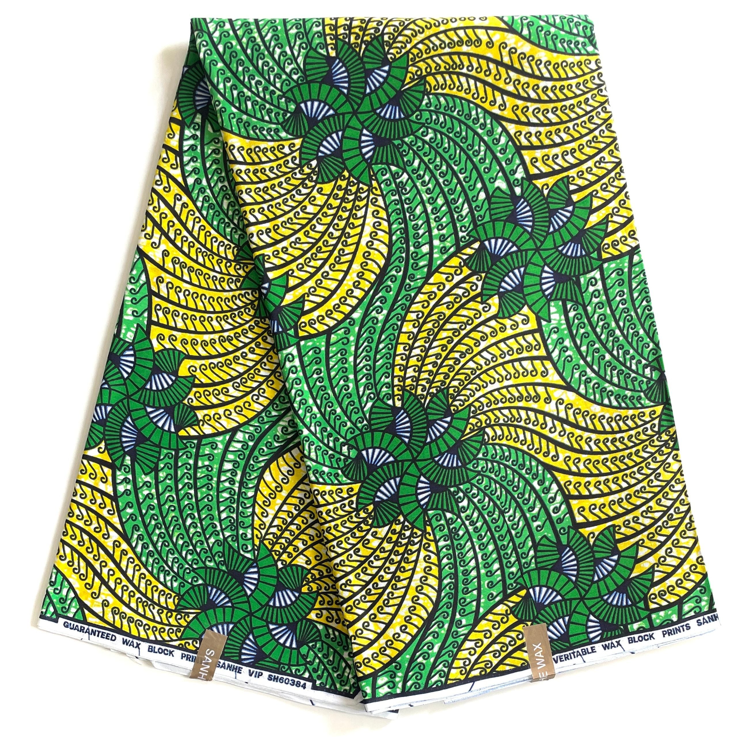 Wax SANHE Vert Jaune Motif Rosaces Spirales 100% Coton