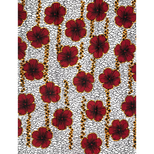 Wax africain blanc à fleurs rouges