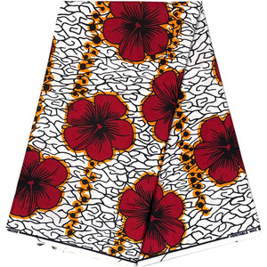 Wax blanc à fleurs rouges 180cm  100% Coton